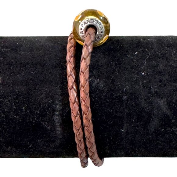 Pandora Brown Braided Double Leather Bracelet With Yellow Glass Charm Sterling - Picture 2 of 8